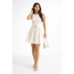 Zara Cream Belted Fit Flare Mini Dress Stretch Bodice Viral It Girl Summer M